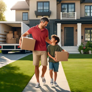 a dad and son holding moving boxes.