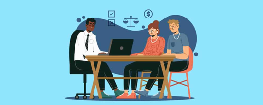 a cartoon husband and wife in front of a lawyer